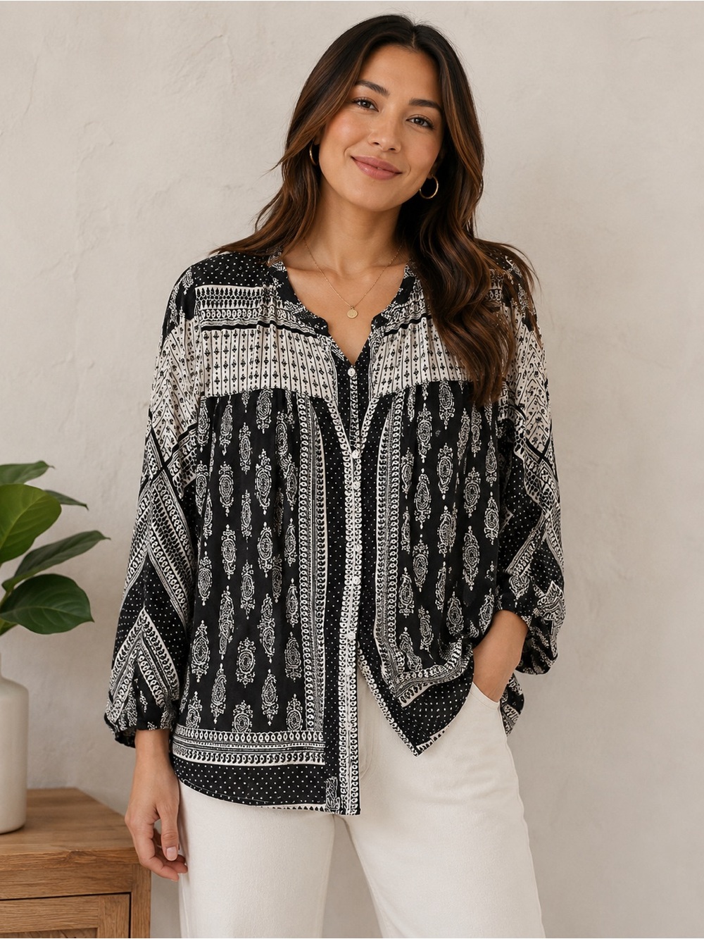 Lucky Brand linen blend Black & White Printed Button-Front Blouse L